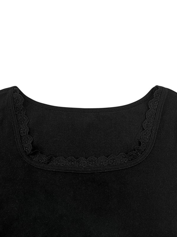 Women's Solid Contrast Lace Scallop Hem Scoop Neck Tee, Casual Long Sleeve Thickened T-shirt for Fall & Winter, Women's Clothing for Daily Wear